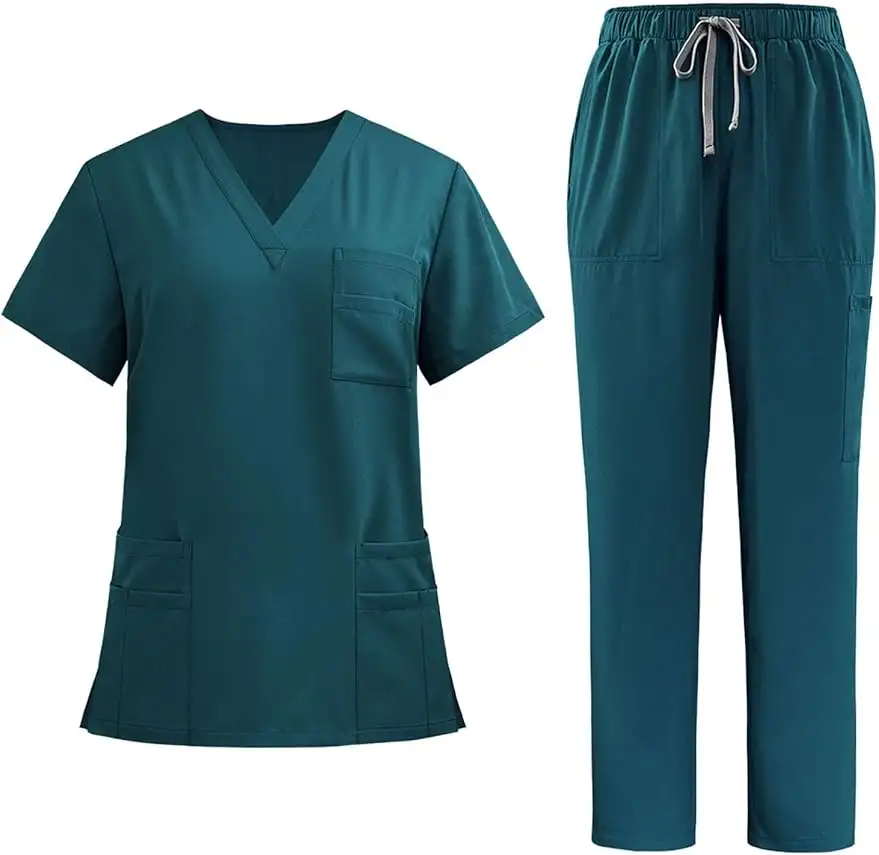 Women Nurse Workwear Medical Uniform–stretch V Neck Top & Straight Leg Pants