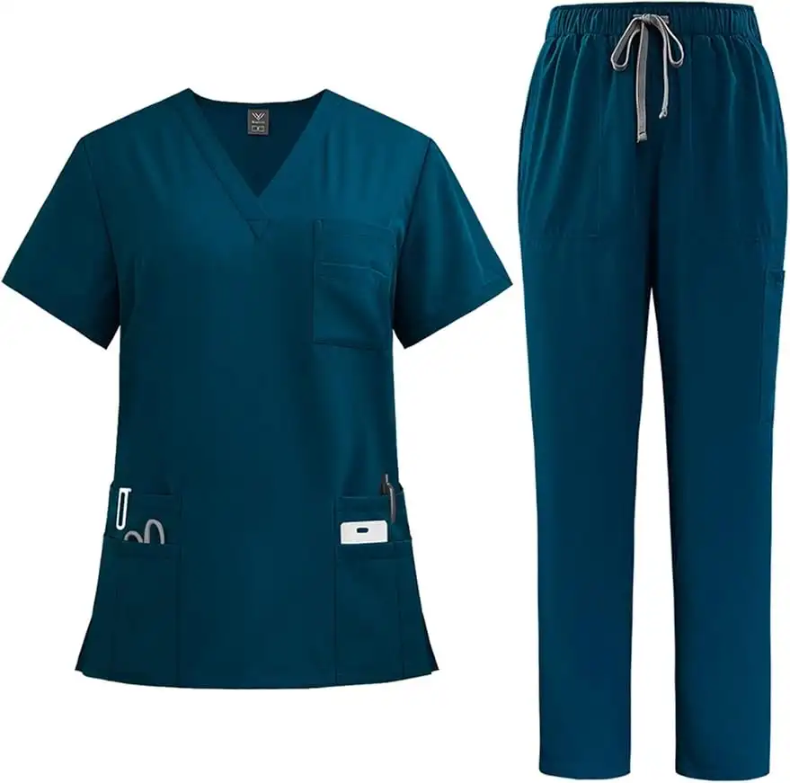 Women V Neck Scrub Tops & Cargo Pant Quick Drying Solid Medical Nurse Uniform With Pockets